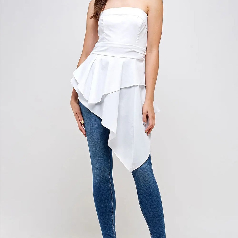 Strapless White Asymmetric Peplum Blouse